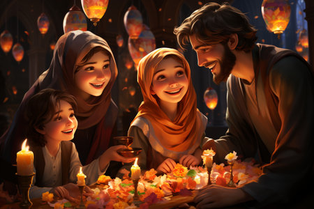 Happy family with holy family in nativity scene at home. Christmas celebrationの素材