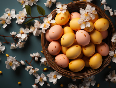 Easter eggs in a basket with spring flowers on a blue backgroundの素材