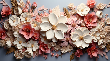 Paper flowers background. Floral decoration with paper flowers. Flat lay, top viewの素材