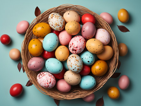 Colorful easter eggs in a basket on a blue background.の素材