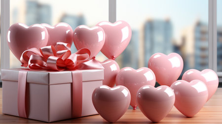 Valentines day gift box with heart shaped balloons. 3d renderingの素材