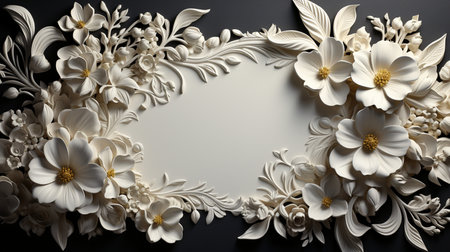 Floral frame made of white flowers on black background. 3d illustrationの素材