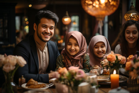 muslim family having dinner together at restaurant, muslim family conceptの素材