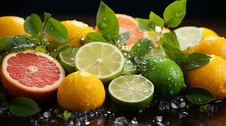 Limes, lemons and grapefruits with leaves on black backgroundの素材