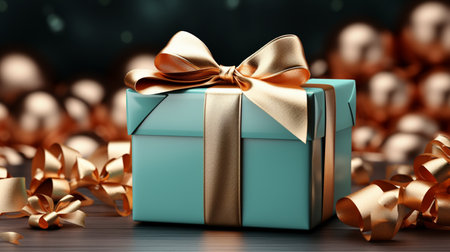 Gift box with golden bow on bokeh background. 3d renderingの素材