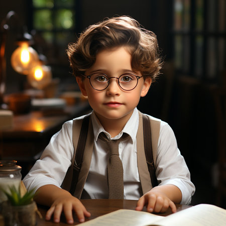 Portrait of a cute little boy with glasses and a book.の素材