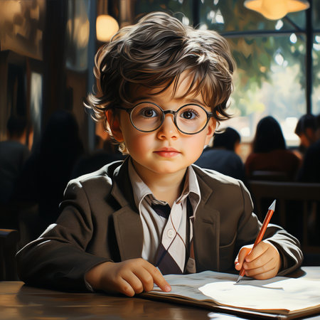 Cute little boy in glasses and a suit is doing homework.の素材