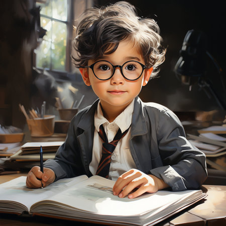 Portrait of a cute little boy in glasses sitting at the table and doing homeworkの素材
