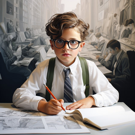 Portrait of a cute little boy in glasses sitting at the table and drawing with pencils. Education concept.の素材