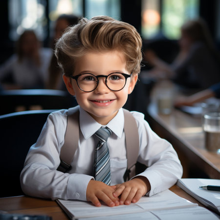 Cheerful schoolboy in eyeglasses sitting at table in classroomの素材