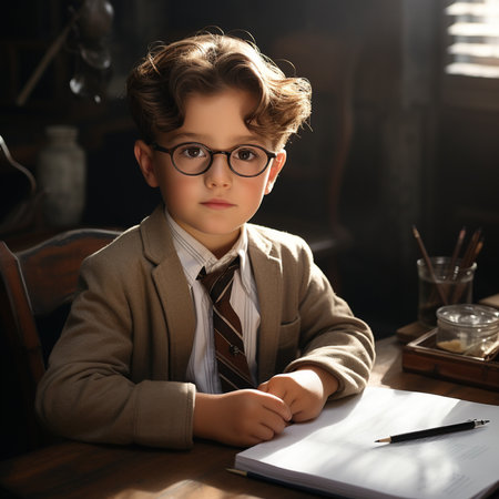 Portrait of a cute little boy in eyeglasses sitting at the table and writing in a notebookの素材