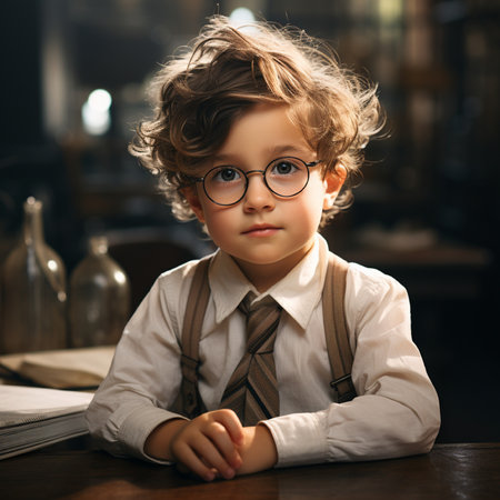 Portrait of a cute little boy in eyeglasses sitting at a table in a cafe.の素材