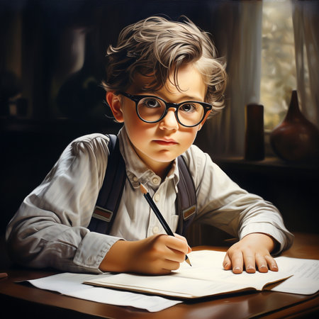 Portrait of a schoolboy in glasses doing his homework. Education.の素材