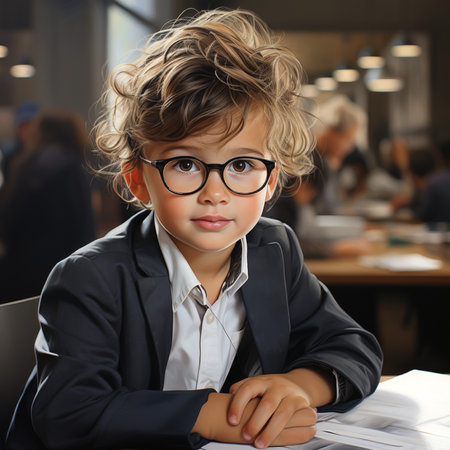 Portrait of a cute little boy in glasses sitting at the table in the officeの素材