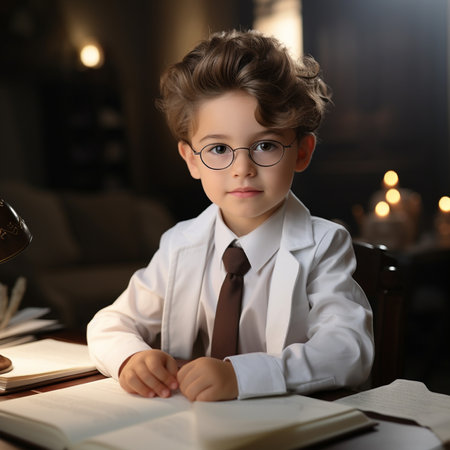 Cute little boy in eyeglasses studying at table in cafeの素材