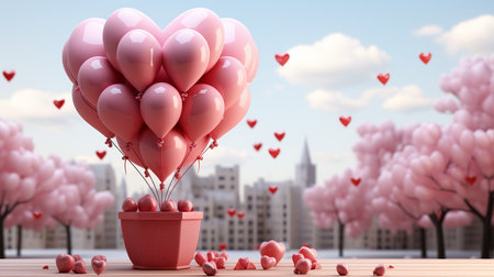 Valentine's day background with pink heart shaped balloons in the skyの素材