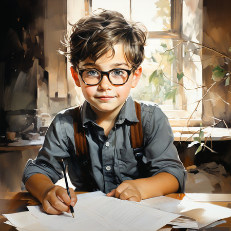 Portrait of a cute little schoolboy in glasses doing homework.の素材