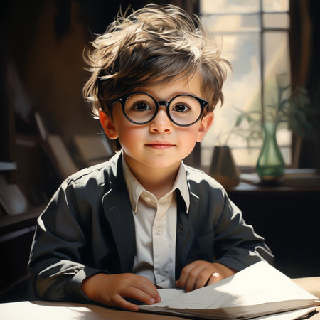 Cute little boy with glasses and a book in his hands. Education concept.の素材