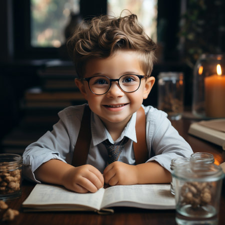 smiling little boy in eyeglasses sitting at table with book and looking at cameraの素材