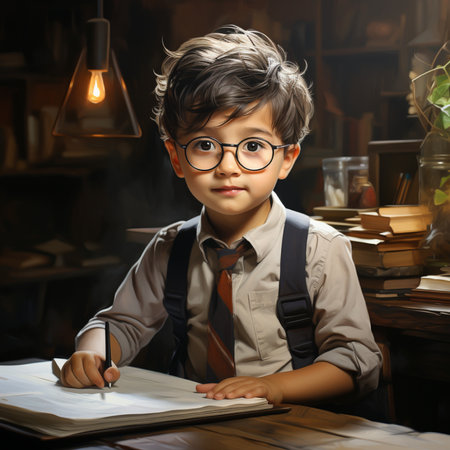 Portrait of a schoolboy in glasses sitting at a table and writing in a notebook.の素材