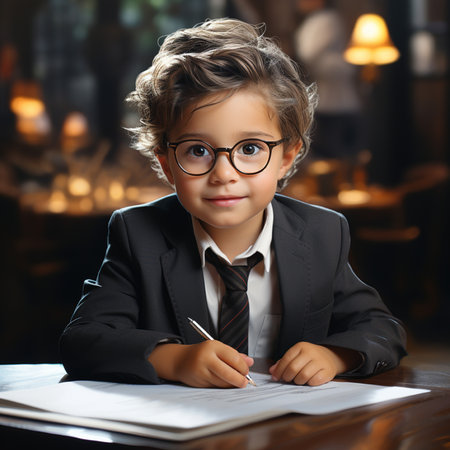 Portrait of a cute little boy in glasses and a suit sitting at the table and doing his homework.の素材