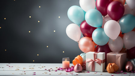 Colorful balloons, gift boxes and confetti on a gray backgroundの素材