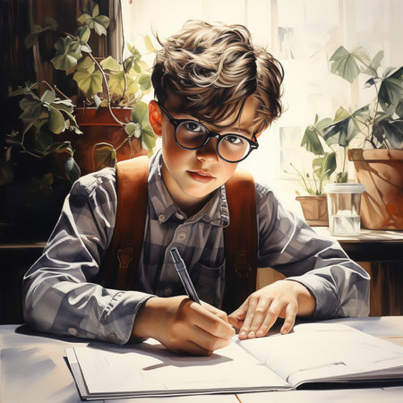 Portrait of a schoolboy doing his homework. Education concept.の素材