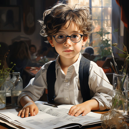Portrait of a cute little boy in a cafe. School concept.の素材