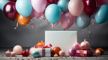 Birthday background with balloons, gift boxes and candles on wooden tableの素材