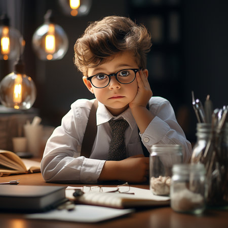 Portrait of a little boy in glasses sitting at the table and thinking.の素材