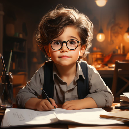 Cute little boy doing his homework at home. Education concept.の素材
