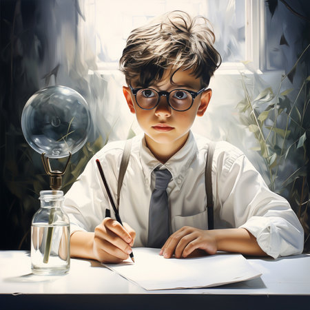 Portrait of a schoolboy doing homework at home. Education concept.の素材