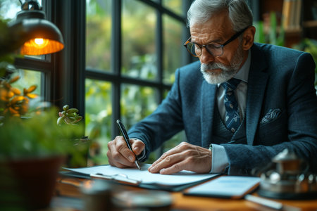 Elderly man in glasses sitting at the table and signing a contractの素材