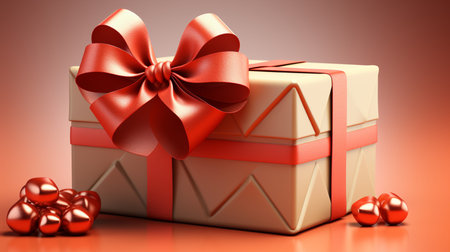 Gift box with a red bow on a red background. 3d renderingの素材
