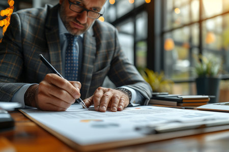 Close-up of businessman analyzing investment charts at workplace in cafe.の素材
