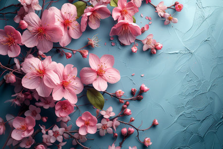 Beautiful sakura flowers on blue textured background, top viewの素材