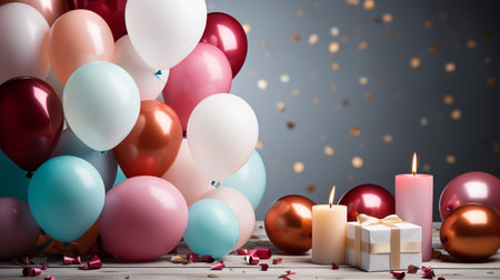 Colorful balloons, candles and gift box on a wooden table.の素材