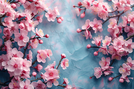 Beautiful pink sakura flowers on blue background, close up viewの素材