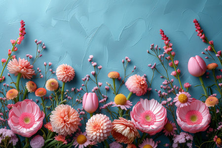Beautiful flowers and easter eggs on color background, top viewの素材