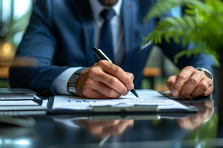 Close-up of businessman writing in notepad at table in officeの素材