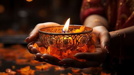 Woman hands holding a burning candle in a glass bowl with petalsの素材