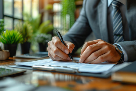 Businessman signing contract. Close-up of businessman signing document.の素材