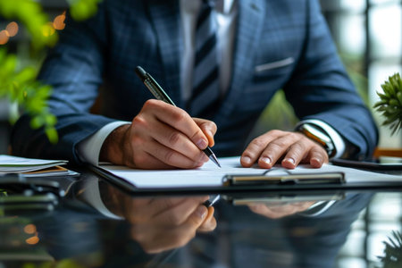 Close-up of businessman writing in notepad at table in officeの素材
