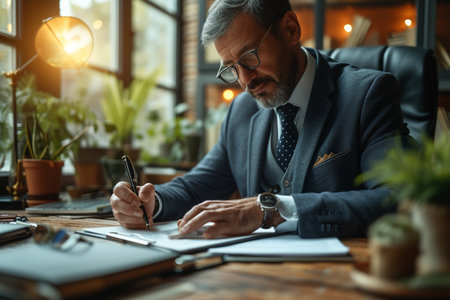Serious mature businessman in eyeglasses writing on paper while sitting at table in officeの素材