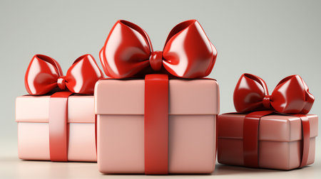 3d render of gift boxes with red bows on white background.の素材