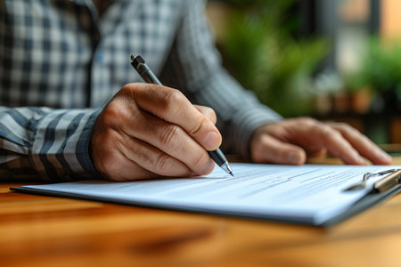 Man signing contract at table in cafe, closeup. Signing documentの素材