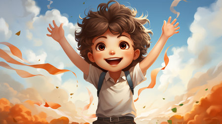 Happy boy flying in the sky with colorful ribbons. 3d renderingの素材