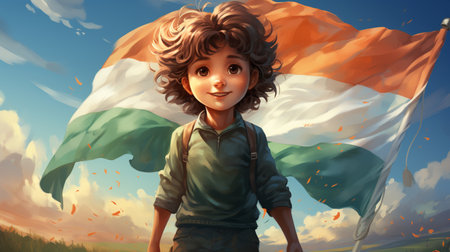 Cute little boy with curly hair holding Hungary flag. 3d renderingの素材