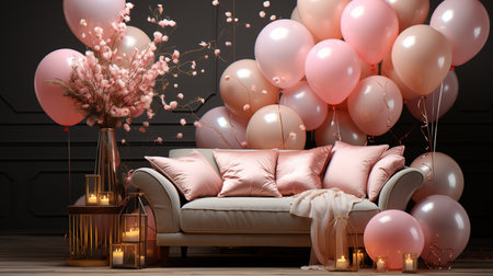 Living room interior with pink sofa, candles and flowers. 3D renderingの素材
