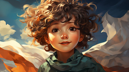 3d illustration of a little girl with curly hair and blue skyの素材